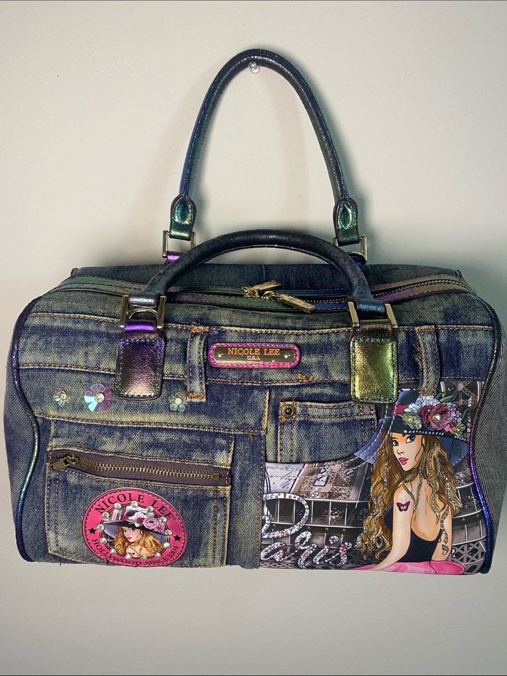 Nicole Lee Denim Satchel with Iridescent Trim and Graphic Art - Paris